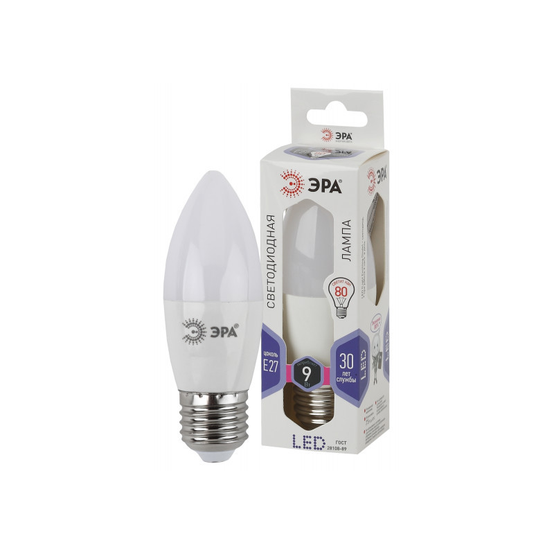 

Лампа cветодиодная LED B35-9W-860-E27 ЭРА (диод, свеча, 9Вт, хол, E27) (10/100/4000)