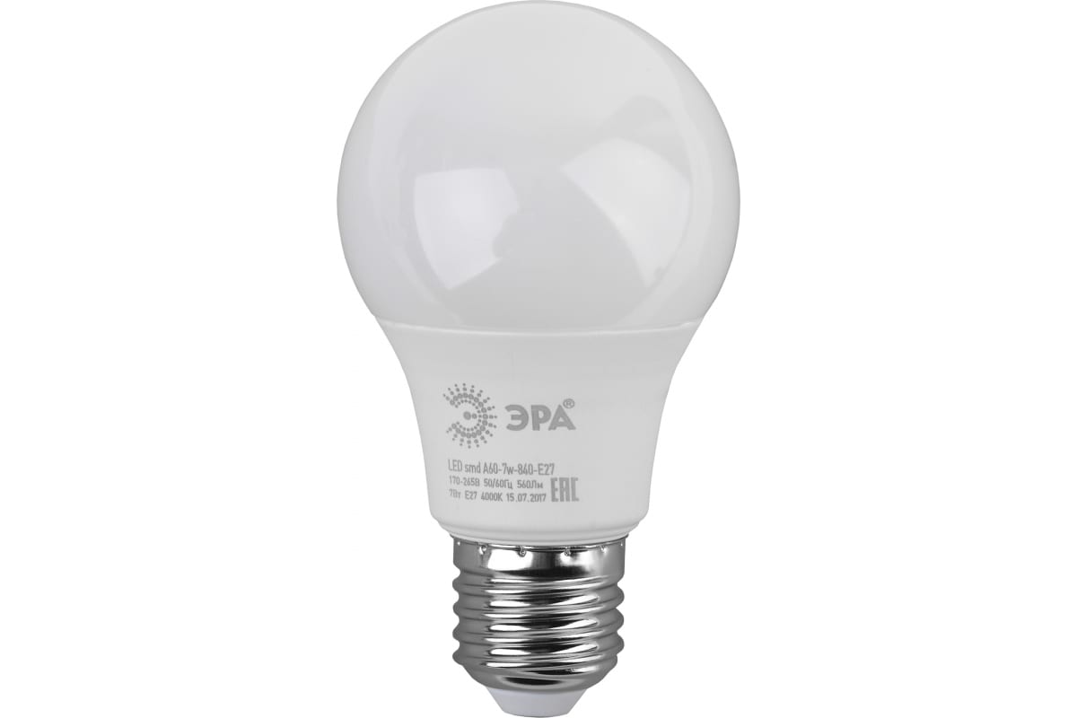 

Лампа светодиодная Эра LED smd A60-7w/8w-840-E27(6/30/140)