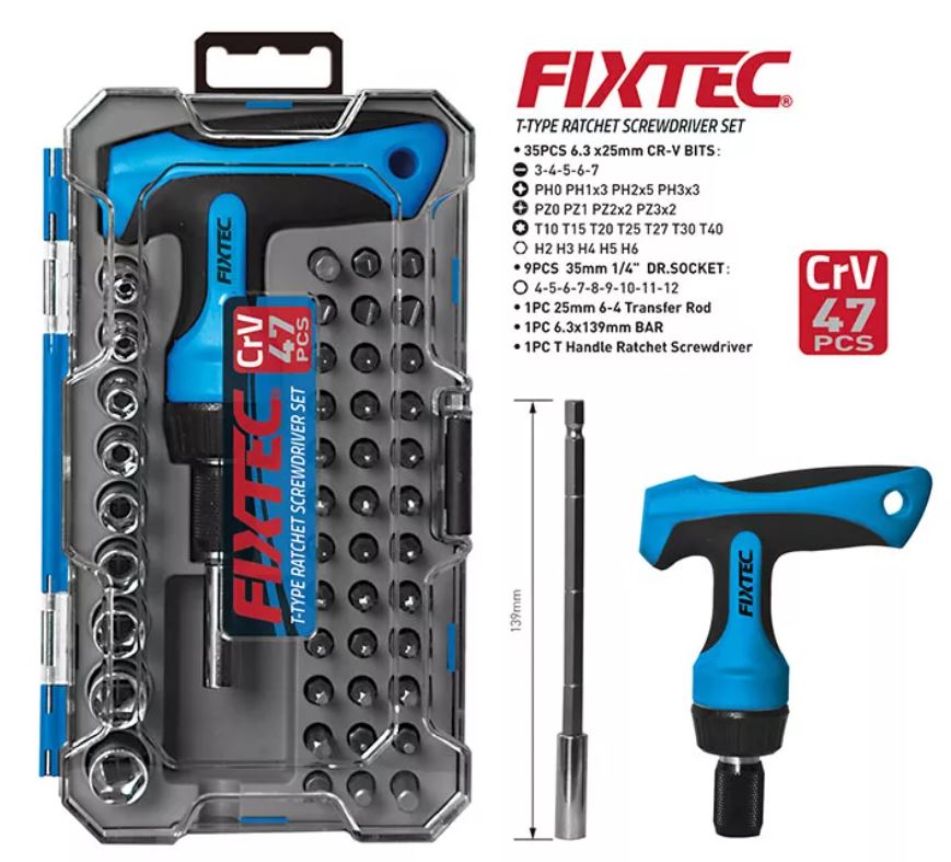 Отвертка с набором бит  Fixtec, 47 предметов