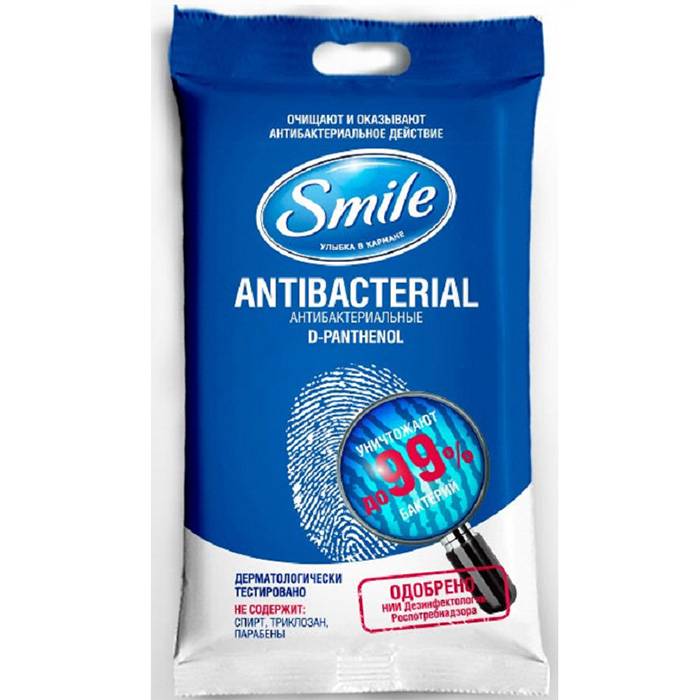 

Влажная салфетка SMILE антибактериальная с D-пантенолом 15шт.Россия