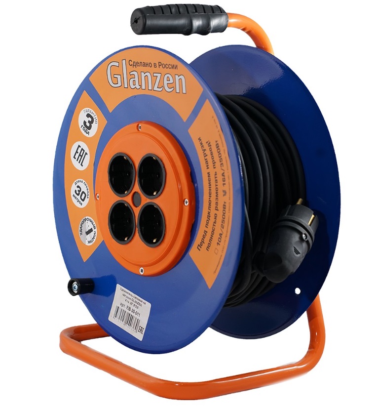 

Удлинитель силовой на катушке GLANZEN 4 гн. КГ 3х2,5 арт. EB-30-011