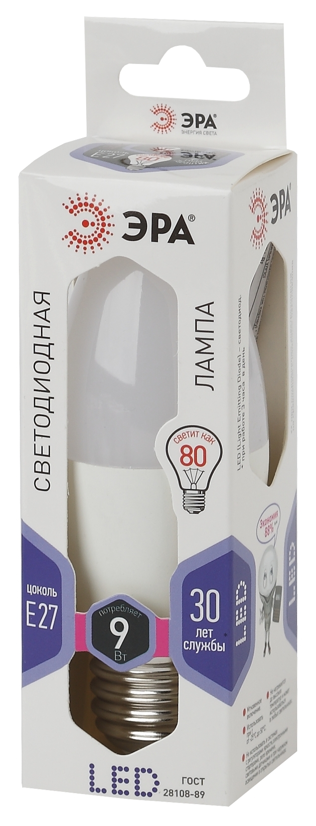 Лампа cветодиодная LED B35-9W-860-E27 ЭРА (диод, свеча, 9Вт, хол, E27) (10/100/3500)