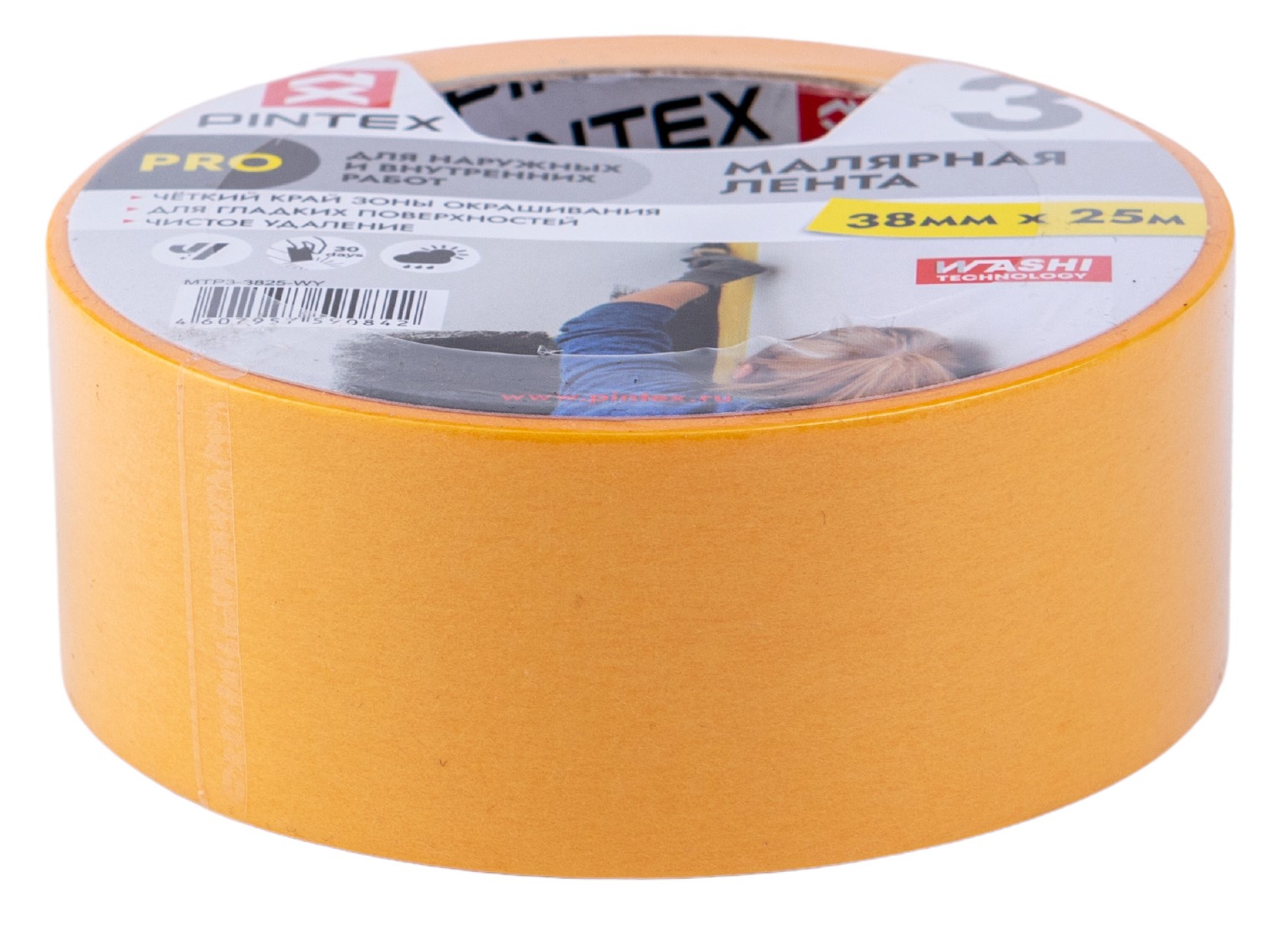 Малярная лента PINTEX Pro WASHI желтая 38мм*25м