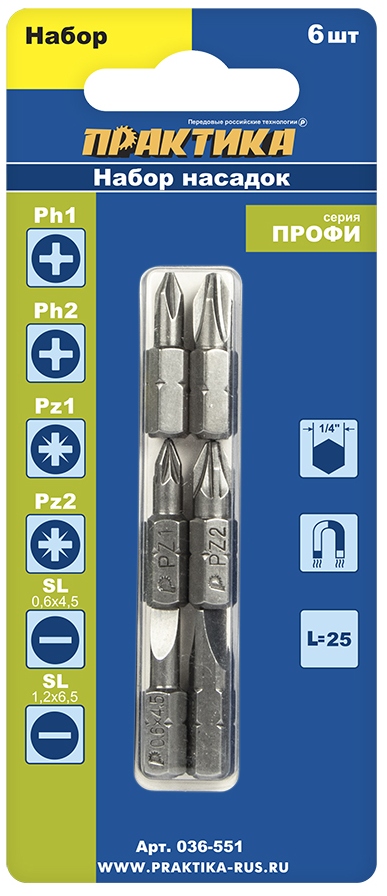 Набор бит Практика Профи РН1,2; РZ1,2; LS 2 шт х 25 мм, 6шт