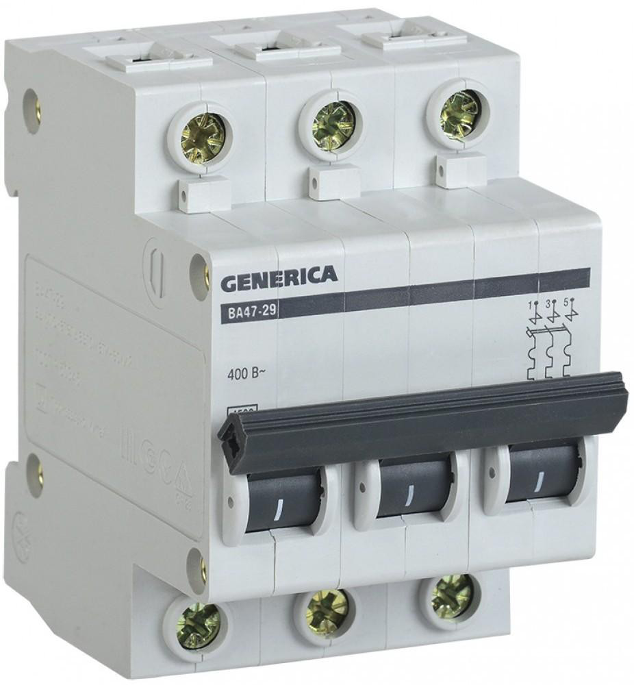 

Выключатель автоматический Generika ВА47-29 3Р 50А 4,5кА х-ка С
