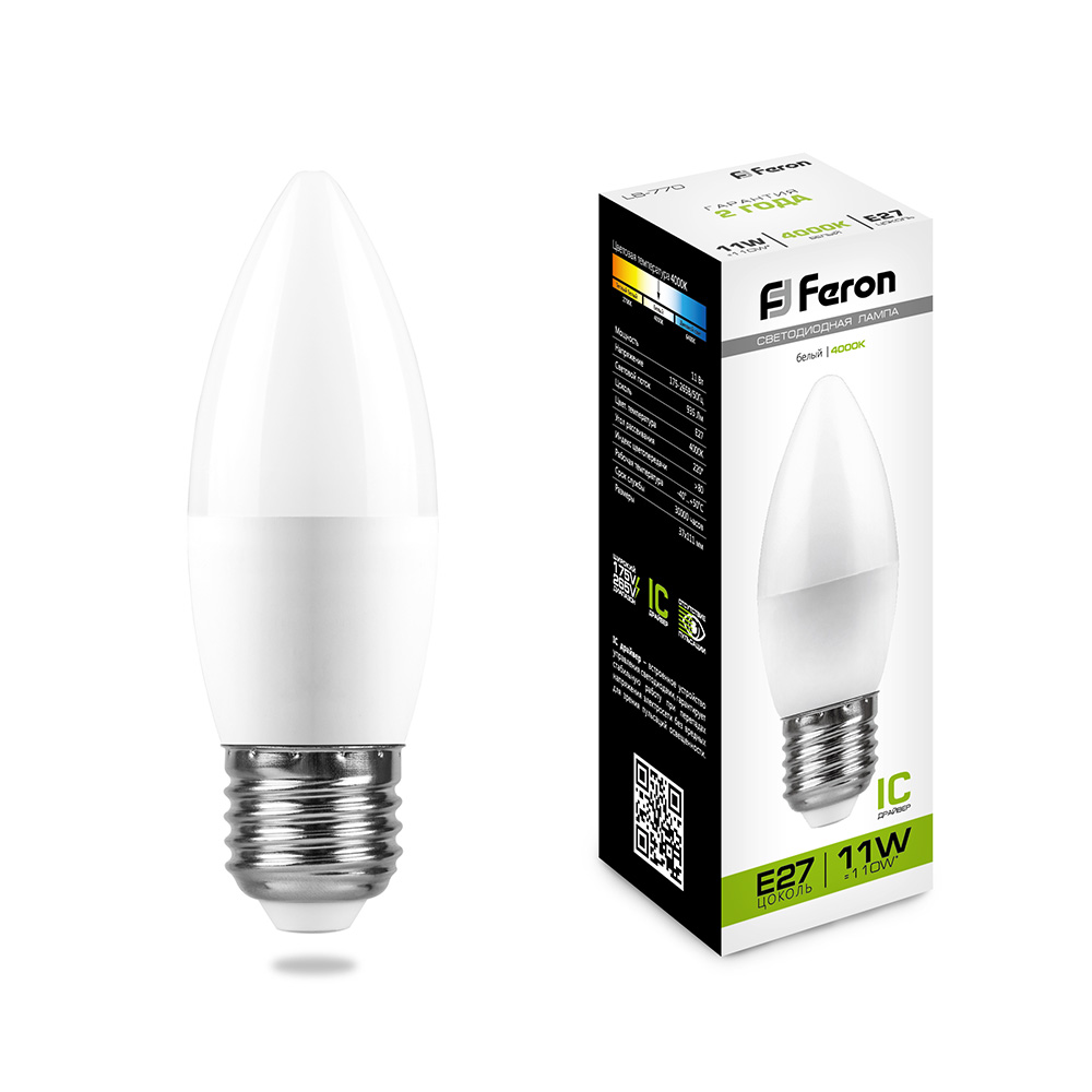 

Лампа светодиодная FERON LB-770, C37 (свеча), 11W 230V E27 4000К