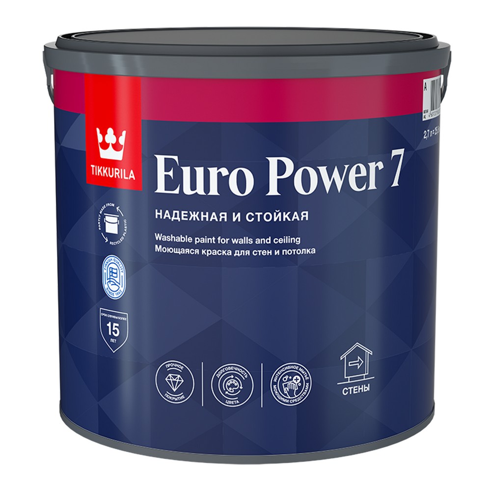 Краска интерьерная стойкая к мытью TIKKURILA EURO POWER 7 A мат 2,7л - фото 1