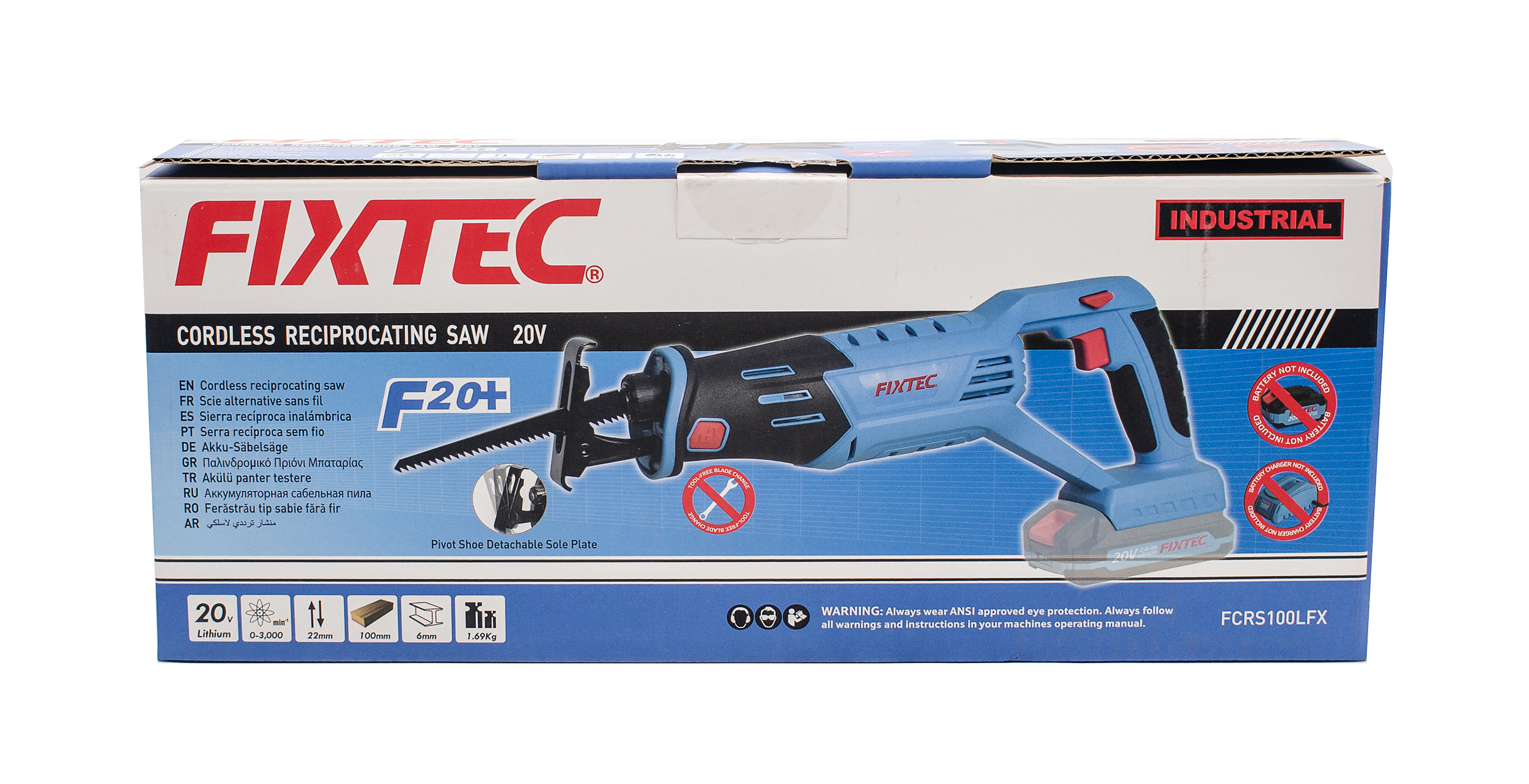 Ножовка сабельная аккумуляторная Fixtec FCRS100LFX, 20 В, 4 А/ч , без аккумулятора и  ЗУ