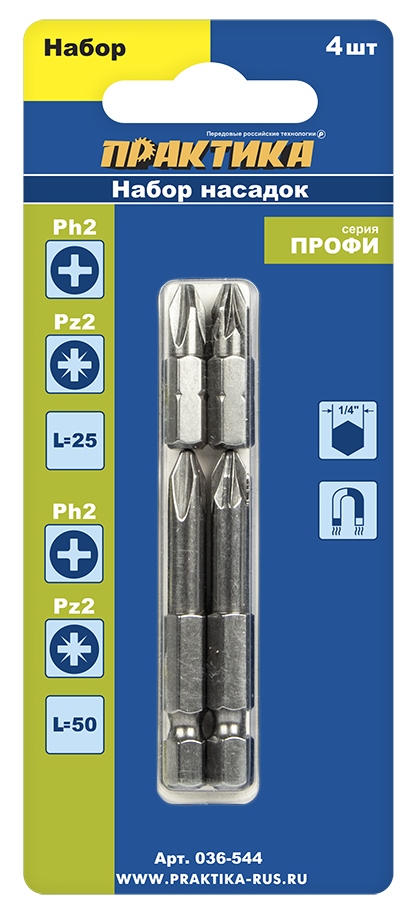 Набор бит Практика Профи РН2, РZ2 х 25 мм, РН2, РZ2 х 50 мм, 4 шт