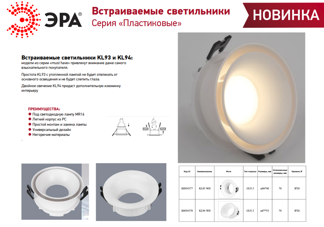 Светильник встраиваемый декоративный Эра KL94 WH MR16/GU5.3 белый