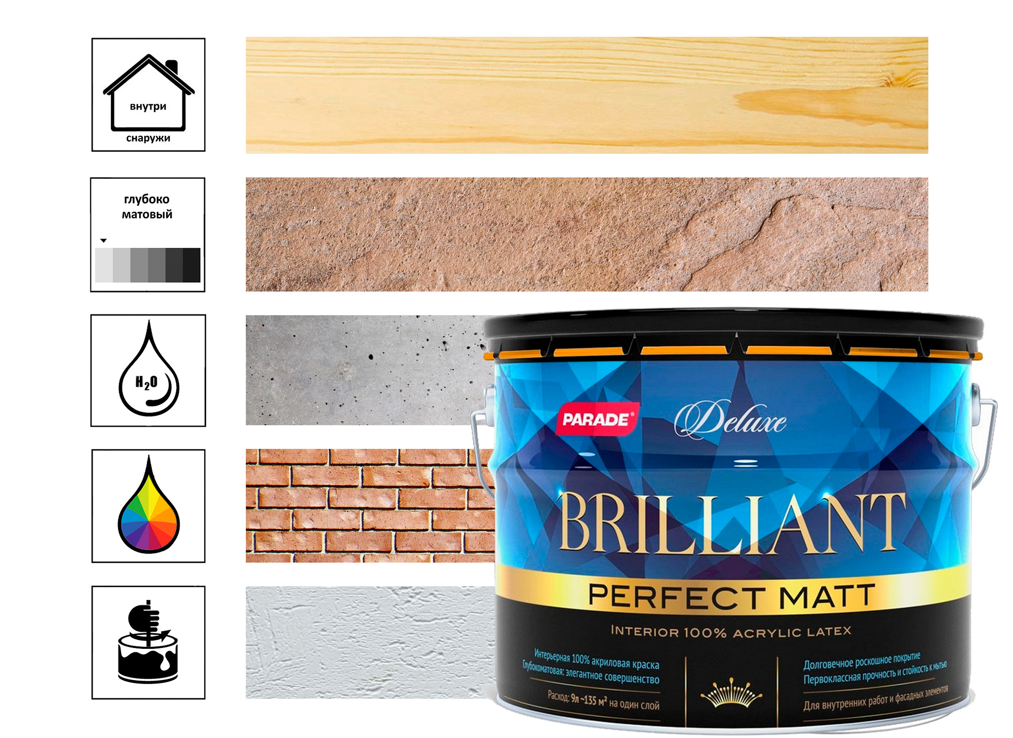 

Краска интерьерная Parade Deluxe Brilliant Perfect Matt 100% 9л, база А белый