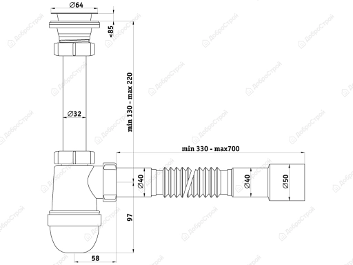 Сифон Ани 1 1/4"х 40с гибкой трубой 40х40/50