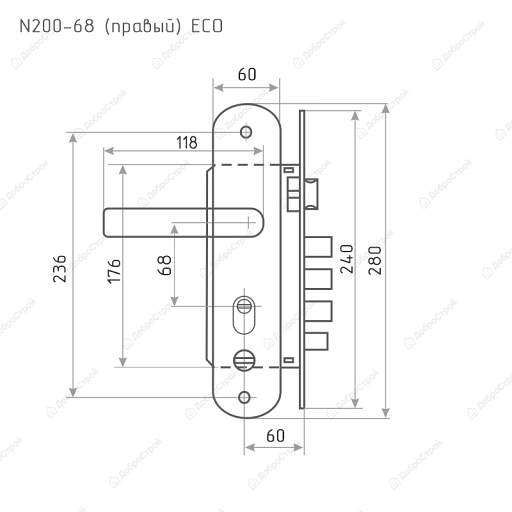 Замок врез. N200-68мм ЕСО Правый (мат.хром-черн.никель)