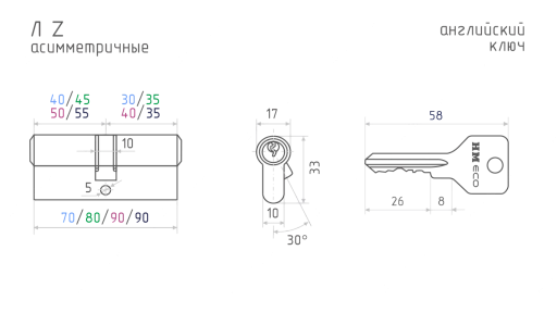 Цилиндр ECO Z ЛВ-90 асиммет. Хром (50-40в)