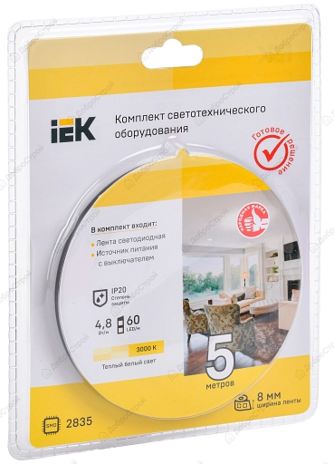 Комплект светодиодной подсветки Сделай сам IEK, лента 5м 2835W60-4,8-IP20-12В, драйвер, выключатель