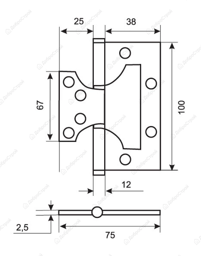 Петля стальная 100*75*2,5, 2 подш., б/колп., черный (б/в)